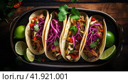 Row of Mexican street Tacos on slate with carne asada and al pastor in corn tortilla. Стоковое AI-изображение, AI-художник Ирина Ручушкина / Фотобанк Лори