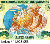 Fragment of Bahamas 50 Cents banknote (2001). Sister Sarah in the Nassau Market. Стоковое фото, фотограф FotograFF / Фотобанк Лори