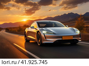 Futuristic electric car on highway sunset. Very fast driving. Electric car moving on autumn road. Fall scene. Vacation concept background. Стоковое AI-изображение, AI-художник Ирина Михайличенко / Фотобанк Лори