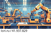 Illustration of industrial robots working. Стоковое AI-изображение, AI-художник Кирилл Черезов / Фотобанк Лори