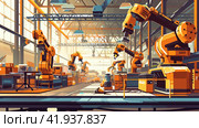 Illustration of industrial robots working. Стоковое AI-изображение, AI-художник Кирилл Черезов / Фотобанк Лори