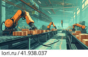 Illustration of industrial robots working. Стоковое AI-изображение, AI-художник Кирилл Черезов / Фотобанк Лори