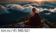 Buddhist monk master is meditating at the top of the cliff at dusk for the new year. Buddhist monk sitting in nirvana on top of mountain above clouds early morning. AI. Стоковое AI-изображение, AI-художник Sergey Grishin / Фотобанк Лори