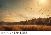 Migratory locust swarm. Locusta migratoria. Acrididae. Oedipodinae. Agriculture and pest control. AI. Стоковое AI-изображение, AI-художник Sergey Grishin / Фотобанк Лори