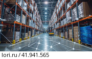 Forklift in a large warehouse. Стоковое AI-изображение, AI-художник Кирилл Черезов / Фотобанк Лори