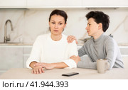 Son trying to apologize to his offended mother after home disagreements. Стоковое фото, фотограф Яков Филимонов / Фотобанк Лори