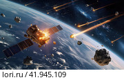 Space Weapons Shoot Down Asteroids and Meteorites. Стоковое AI-изображение, AI-художник Кирилл Черезов / Фотобанк Лори