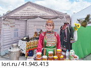 Portrait of Asian woman in bright colorful national Bashkir festive clothes. Irbit fair, Russia (2023 год). Редакционное фото, фотограф Ирина Кононова / Фотобанк Лори