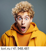 A young guy with a surprised look and an open mouth looks at the camera. The concept of strong surprise. Generated by AI. Стоковое AI-изображение, AI-художник Ярославский Максим / Фотобанк Лори