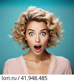 A blonde girl with a surprised look and an open mouth looks at the camera. The concept of strong surprise. Generated by AI. Стоковое AI-изображение, AI-художник Ярославский Максим / Фотобанк Лори
