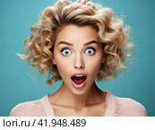 A blonde girl with a surprised look and an open mouth looks at the camera. The concept of strong surprise. Generated by AI. Стоковое AI-изображение, AI-художник Ярославский Максим / Фотобанк Лори