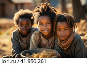 The problem of poverty and inequality. Happy african kids eating some sorghum porridge in village outdoor. Стоковое AI-изображение, AI-художник Ирина Михайличенко / Фотобанк Лори