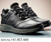 Stylish black winter sneakers on a gray background. Close-up shooting. Стоковое AI-изображение, AI-художник Ярославский Максим / Фотобанк Лори