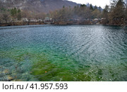 Lower Blue Lake (Tserik-Kel, Cherek-Kel) one of five karst reservoirs in Chereksky district, near village of Babugent, on right bank of Cherek-Balkarsky river, Kabardino-Balkarian Republic, Russia (2023 год). Стоковое фото, фотограф Алексей Антипов / Фотобанк Лори