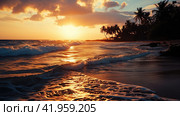 The foamy waves of the sea at sunset impress with their beauty. Стоковое AI-изображение, AI-художник Юрий Поздников / Фотобанк Лори