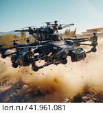 Swarm of FPV drones in combat attack. Стоковое AI-изображение, AI-художник Кирилл Черезов / Фотобанк Лори