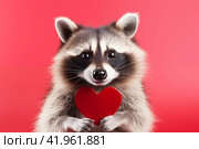 Cute happy raccoon smiling and holding a red heart, Valentines day background, Looking for girlfriend, Isolated on a rad studio background, Isolated on red background, Love concept. Стоковое AI-изображение, AI-художник Евгений Демидюк / Фотобанк Лори