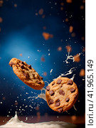 Cookies with chocolate chunks fly and fall into milk. Dark Key. Стоковое AI-изображение, AI-художник Алла Чесноковва / Фотобанк Лори