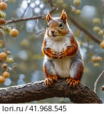 Squirrel sits on a branch in the autumn forest and eats nuts created with the help of artificial intelligence technologies. Стоковое AI-изображение, AI-художник Михаил Михайлович Никитин / Фотобанк Лори