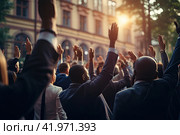 A crowd of people on the street raises their hands in agreement. The concept of a universal solution. Rear and side view. Generated by AI. Стоковое AI-изображение, AI-художник Ярославский Максим / Фотобанк Лори
