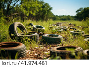 Old rusty tires are dumped among the grass. ,Generative AI. Стоковое AI-изображение, AI-художник Анна Кривицкая / Фотобанк Лори