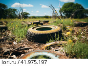Old rusty tires are dumped among the grass. ,Generative AI. Стоковое AI-изображение, AI-художник Анна Кривицкая / Фотобанк Лори