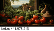 Juicy tomatoes nestled among lush green basil leaves.Generative AI. Стоковое AI-изображение, AI-художник Анна Кривицкая / Фотобанк Лори