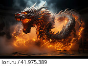 Ferocious fire-breathing dragon, a scary mystical creature, AI Generated. Стоковое AI-изображение, AI-художник Станислав Тарко / Фотобанк Лори