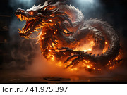 Ferocious fire-breathing dragon, a scary mystical creature, AI Generated. Стоковое AI-изображение, AI-художник Станислав Тарко / Фотобанк Лори