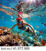 Woman snorkeling in tropical sea. Стоковое AI-изображение, AI-художник Михаил Коханчиков / Фотобанк Лори