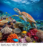 Coral reef many fishes sea turtle. Стоковое AI-изображение, AI-художник Михаил Коханчиков / Фотобанк Лори