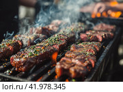 Gaucho cooking the meat on the fire, making the barbecue on the coals, Photos and menus of cafes and restaurants, Magazines. Стоковое AI-изображение, AI-художник Ирина Ручушкина / Фотобанк Лори