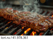 Gaucho cooking the meat on the fire, making the barbecue on the coals, Photos and menus of cafes and restaurants, Magazines. Стоковое AI-изображение, AI-художник Ирина Ручушкина / Фотобанк Лори