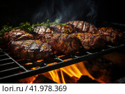 Gaucho cooking the meat on the fire, making the barbecue on the coals, Photos and menus of cafes and restaurants, Magazines. Стоковое AI-изображение, AI-художник Ирина Ручушкина / Фотобанк Лори