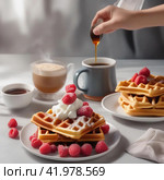 Сoffee waffles whipped cream raspberries. Натюрморт со сладким - чашечки кофе, вафли, взбитые сливки, малина. Стоковое AI-изображение, AI-художник Казума / Фотобанк Лори