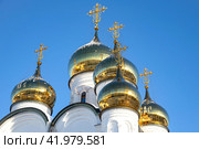 Купола пятиглавого собора Николая Чудотворца в Свято-Никольском монастыре. Переславль-Залесский (2024 год). Стоковое фото, фотограф Анна Карасева / Фотобанк Лори