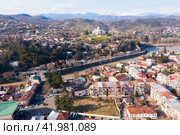 View from drone of historical districts of Kutaisi with Bagrati Cathedral. Стоковое фото, фотограф Яков Филимонов / Фотобанк Лори