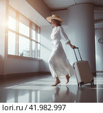 A girl in a white light traveling dress and carrying a gray suitcase is walking through the airport building. Side view. Generated by AI. Стоковое AI-изображение, AI-художник Ярославский Максим / Фотобанк Лори