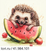 A drawing of a cute hedgehog eating a slice of watermelon,Generative AI. Стоковое AI-изображение, AI-художник Анна Кривицкая / Фотобанк Лори