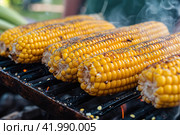 Fresh and delicious grilled corn, Image for menu, cafe, restaurant. Стоковое AI-изображение, AI-художник Ирина Ручушкина / Фотобанк Лори