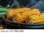 Fresh and delicious grilled corn, Image for menu, cafe, restaurant. Стоковое AI-изображение, AI-художник Ирина Ручушкина / Фотобанк Лори