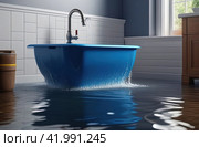 Plumbing accident in the house. In the bathroom, the bathtub overflowed with water, which ran onto the floor. Стоковое AI-изображение, AI-художник Коханова Наталья / Фотобанк Лори