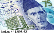 Muhammad Ali Jinnah (1876 - 1948). Portrait from Pakistan 75 Rupees banknotes. Стоковое фото, фотограф FotograFF / Фотобанк Лори