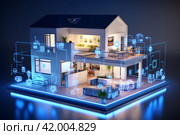 Smart home - smarthome technology illustrated by generative AI. Modern two-story house equipped with Wi-Fi connectivity and smart appliances. Стоковое AI-изображение, AI-художник Ирина Старикова / Фотобанк Лори