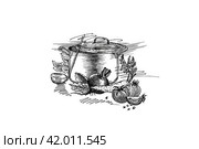 Кастрюля, половник, свекла, морковь, помидоры. Стоковая иллюстрация, иллюстратор Сергей Никифоров-Гордеев / Фотобанк Лори