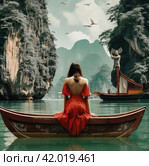 a woman in a red skirt is sitting in a boat with an airplane on the dock. Стоковое AI-изображение, AI-художник Юлия Гапеенко / Фотобанк Лори