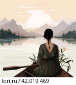a woman is sitting in a rowboat looking at mountains. Стоковое AI-изображение, AI-художник Юлия Гапеенко / Фотобанк Лори