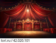 a big top circus tent with red curtain and floor, mythic-art nouveau, baroque chiaroscuro drama. Стоковое AI-изображение, AI-художник Юлия Гапеенко / Фотобанк Лори