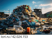 Garbage dump made of plastic bottles. Significant pile of domestic waste emphasizing the pressing environmental issue of overconsumption and subsequent waste generation. Стоковое AI-изображение, AI-художник Ирина Михайличенко / Фотобанк Лори