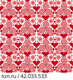 Seamless pattern with red hearts and spirals, Valentines Day background. Стоковая иллюстрация, иллюстратор Iva Noel / Фотобанк Лори